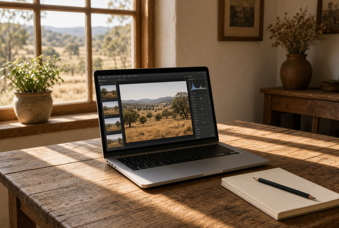 Laptop on a farmhouse table with photo editing work on screen