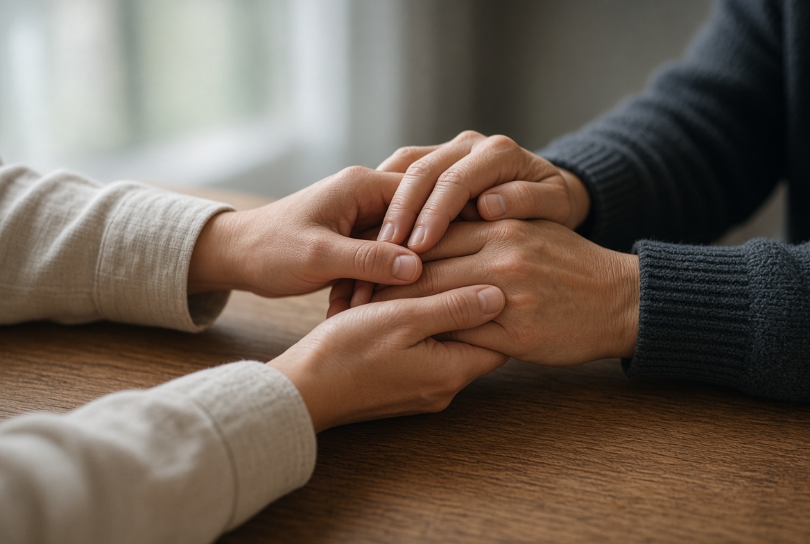 Two people holding hands across a table in quiet support